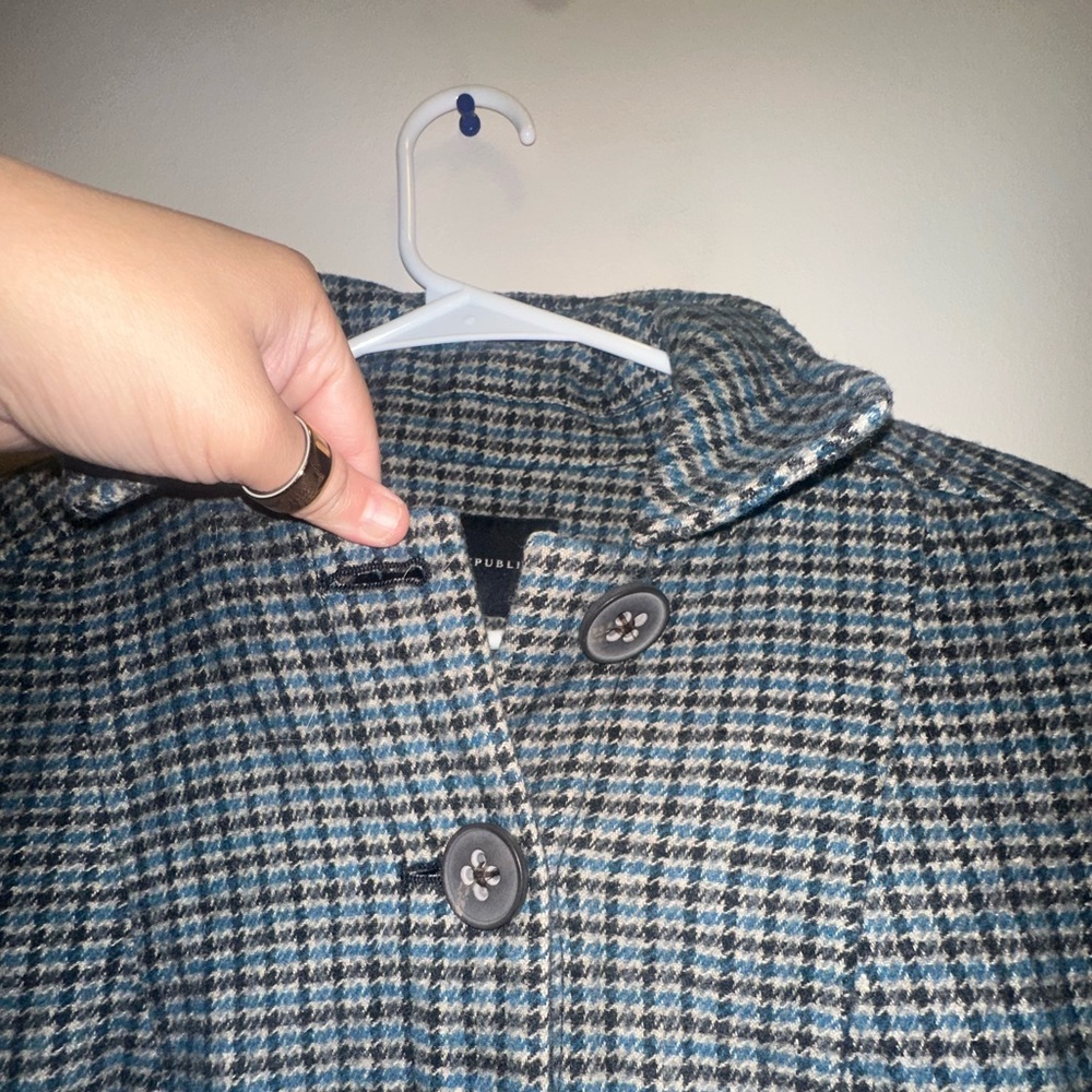Banana Republic Multi Houndstooth Pea Wool Linen Coat Blue Size 10 Medium - Picture 3 of 9